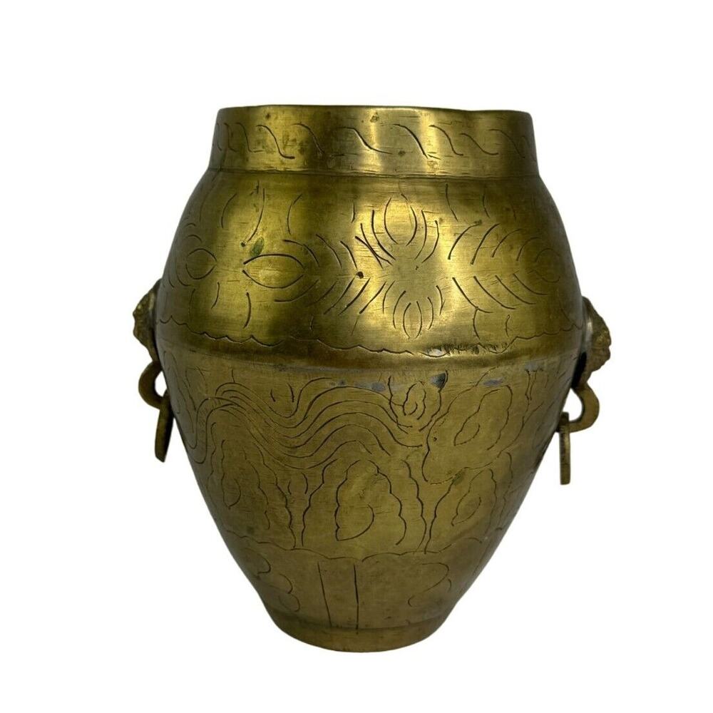 Vtg Chinese Brass Engraved Vase w/ Dragon Head Handles Dented Opening